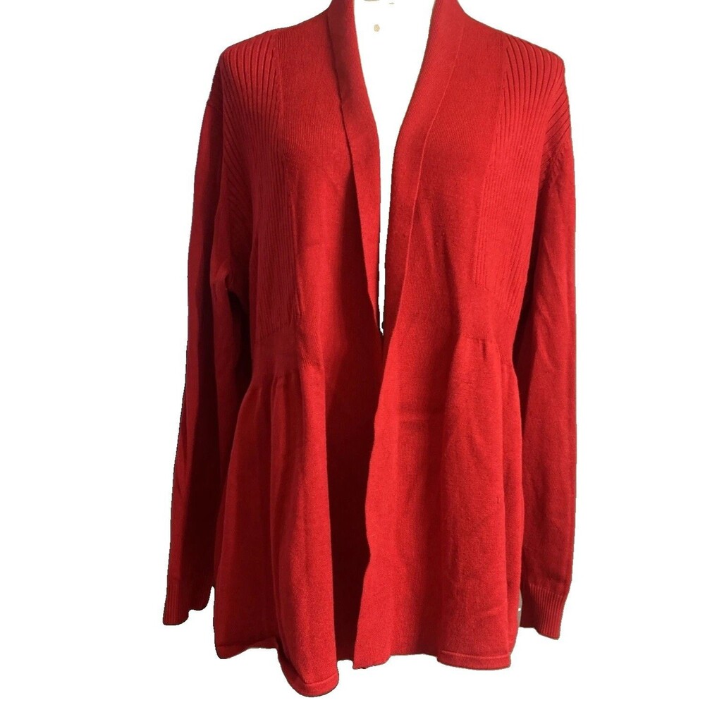 Liz Claiborne Womens Plus Size 1X Knit Red Rib Long Sleeve Open Cardigan Sweater